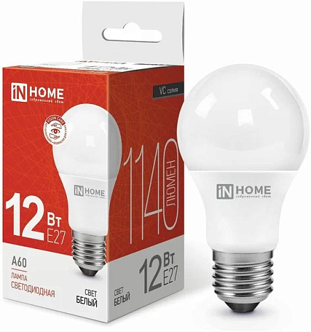 Лампа светодиодная IN HOME, 12Вт, Е27, 4000К, A60 купить в СОМ