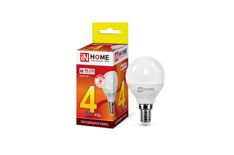 Лампа светодиодная IN HOME, 4Вт, 230В, Е14, 3000К, шар купить в СОМ